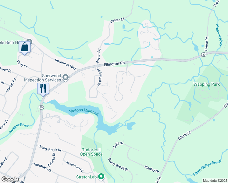 map of restaurants, bars, coffee shops, grocery stores, and more near 711 Twin Circle Drive in South Windsor