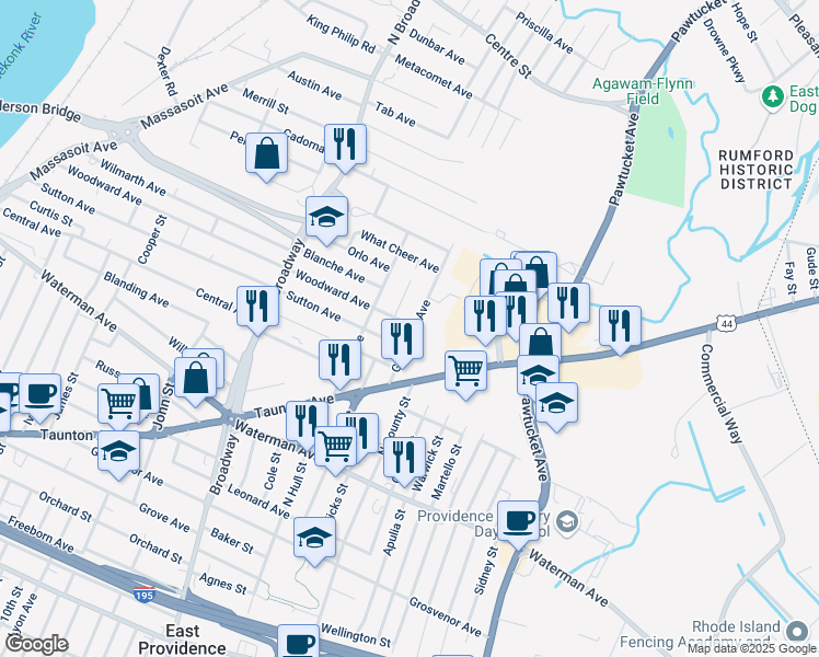 map of restaurants, bars, coffee shops, grocery stores, and more near 317 Woodward Avenue in East Providence