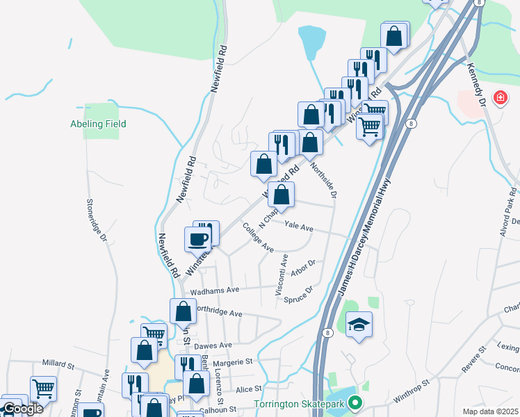 map of restaurants, bars, coffee shops, grocery stores, and more near 230 Winsted Road in Torrington