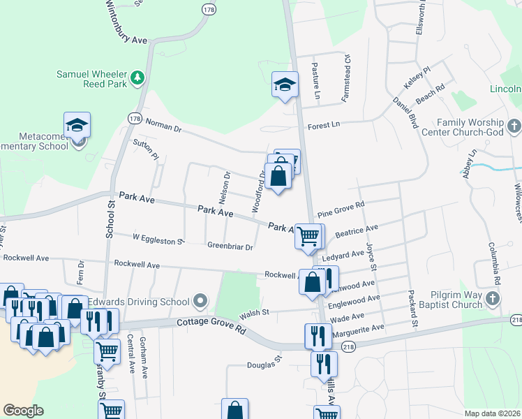 map of restaurants, bars, coffee shops, grocery stores, and more near 6 Woodford Drive in Bloomfield