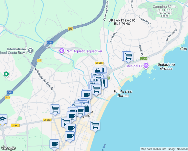 map of restaurants, bars, coffee shops, grocery stores, and more near 11 Carrer Eduard Toldrà in Platja d'Aro