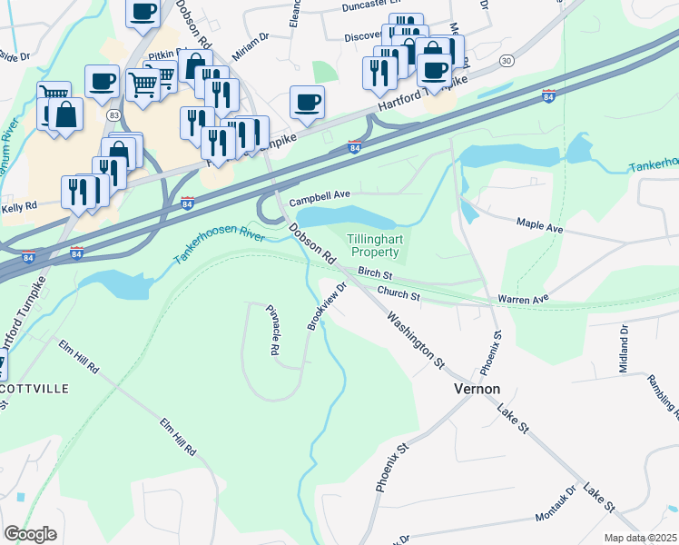 map of restaurants, bars, coffee shops, grocery stores, and more near 7 Dobson Commons Circle in Vernon