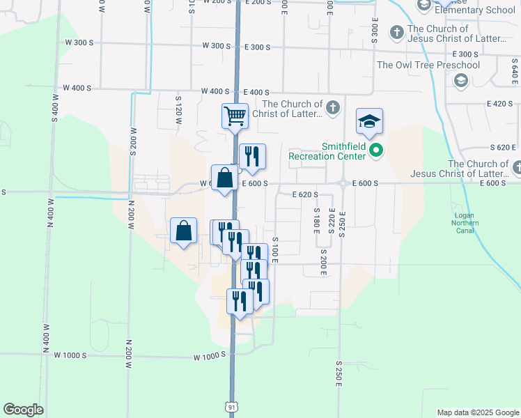 map of restaurants, bars, coffee shops, grocery stores, and more near 659 South 85 East in Smithfield