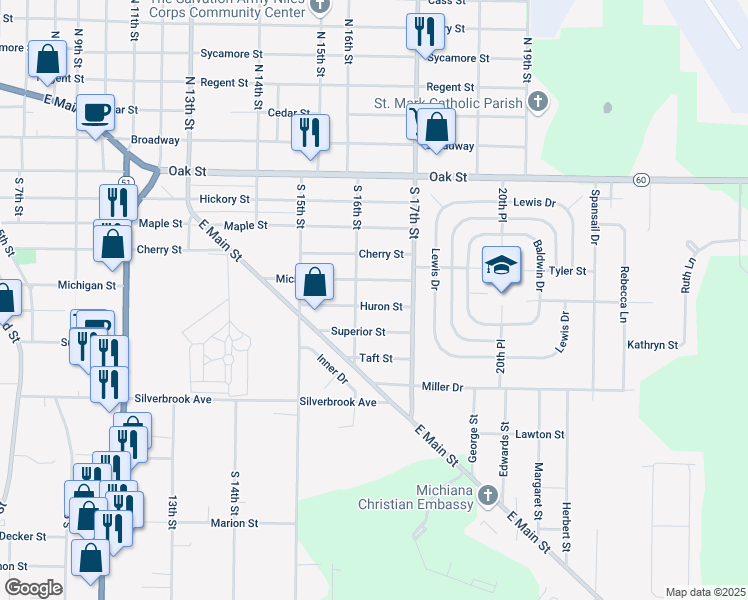 map of restaurants, bars, coffee shops, grocery stores, and more near 1613 Huron Street in Niles