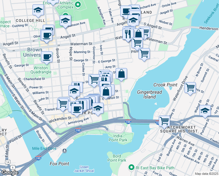 map of restaurants, bars, coffee shops, grocery stores, and more near 347 Williams Street in Providence