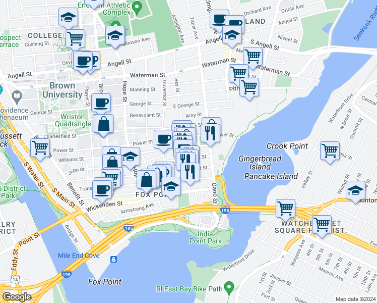 map of restaurants, bars, coffee shops, grocery stores, and more near 308 Williams Street in Providence