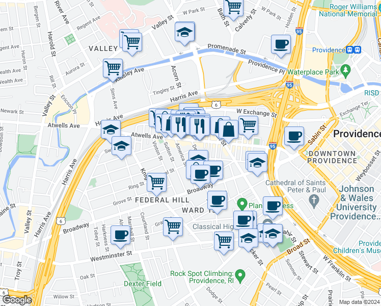 map of restaurants, bars, coffee shops, grocery stores, and more near 11 Africa Street in Providence