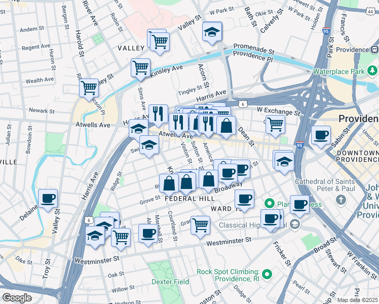 map of restaurants, bars, coffee shops, grocery stores, and more near 33 Vinton Street in Providence