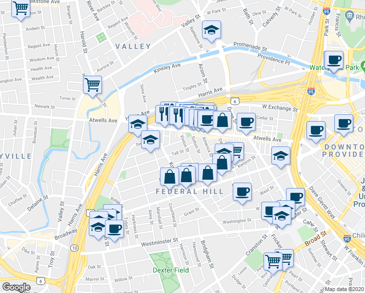 map of restaurants, bars, coffee shops, grocery stores, and more near 33 Vinton Street in Providence