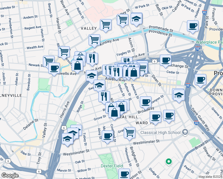 map of restaurants, bars, coffee shops, grocery stores, and more near 45 Gesler Street in Providence
