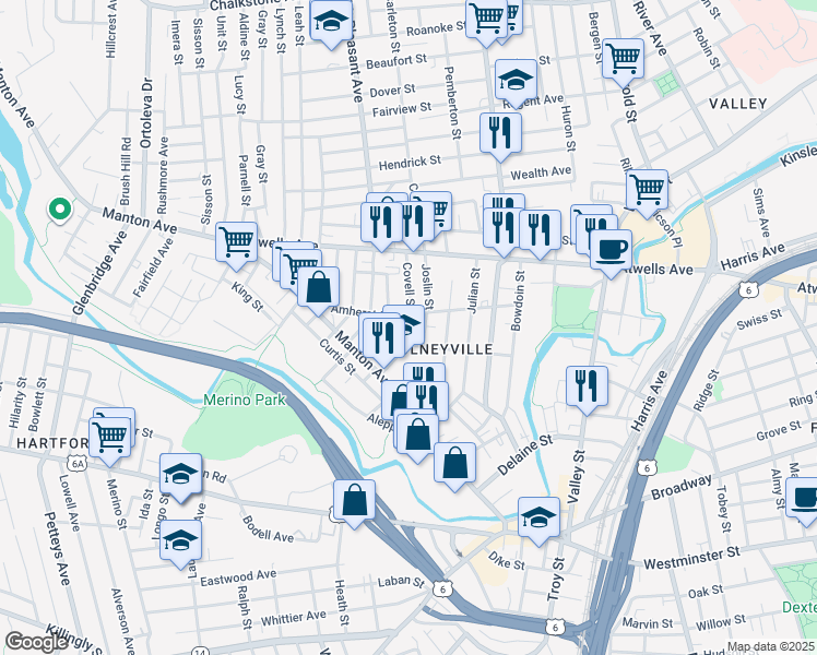 map of restaurants, bars, coffee shops, grocery stores, and more near 244 Amherst Street in Providence
