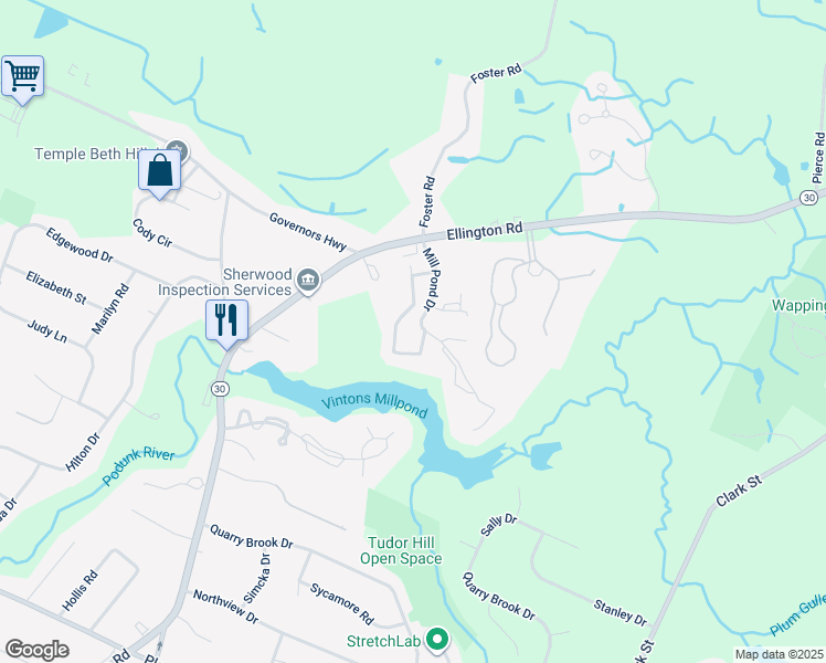 map of restaurants, bars, coffee shops, grocery stores, and more near 1810 Mill Pond Drive in South Windsor