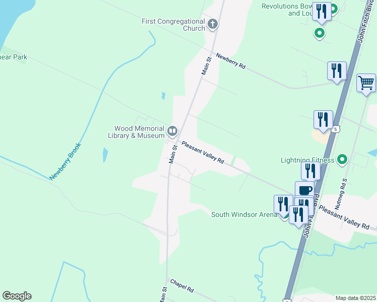 map of restaurants, bars, coffee shops, grocery stores, and more near 34 Pleasant Valley Road in South Windsor