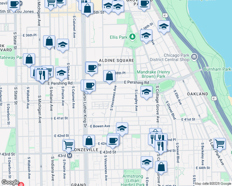 map of restaurants, bars, coffee shops, grocery stores, and more near 558 East Oakwood Boulevard in Chicago