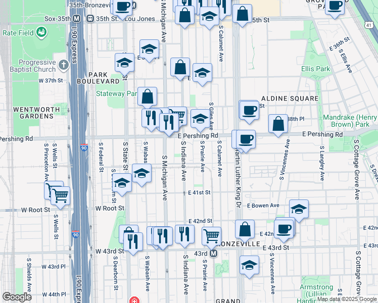 map of restaurants, bars, coffee shops, grocery stores, and more near 3917 South Indiana Avenue in Chicago