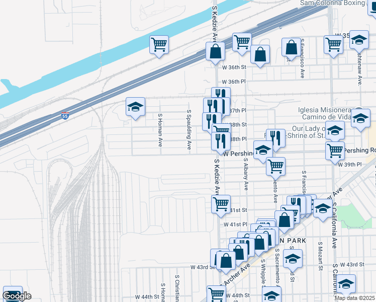 map of restaurants, bars, coffee shops, grocery stores, and more near 3845 South Spaulding Avenue in Chicago