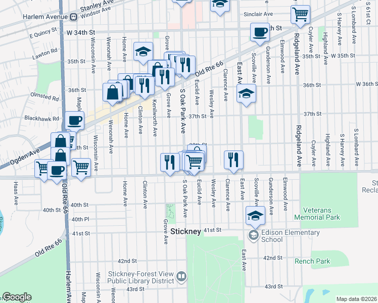 map of restaurants, bars, coffee shops, grocery stores, and more near 3803 Oak Park Avenue in Berwyn