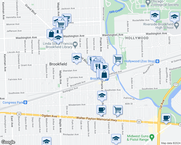 map of restaurants, bars, coffee shops, grocery stores, and more near 3723 Sunnyside Avenue in Brookfield
