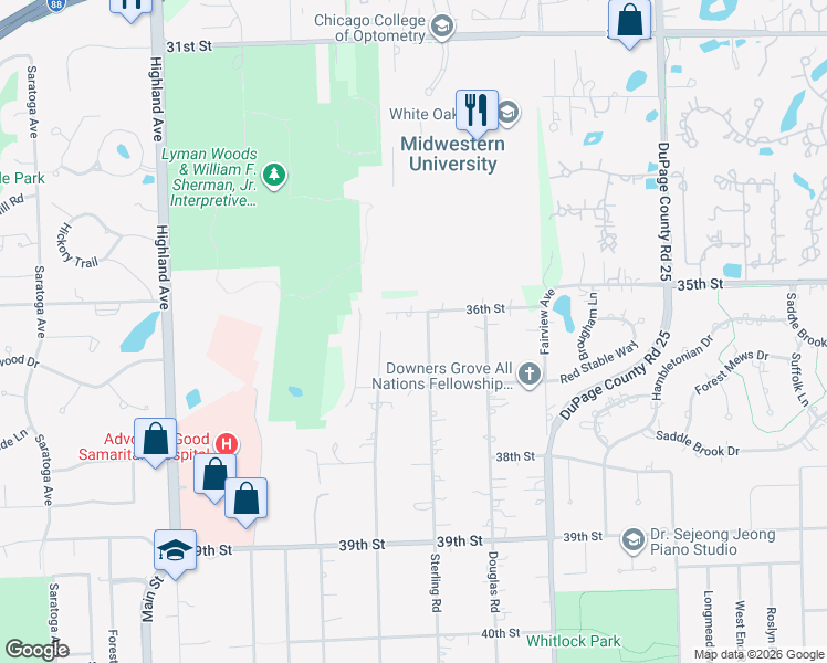 map of restaurants, bars, coffee shops, grocery stores, and more near 601 36th Street in Downers Grove