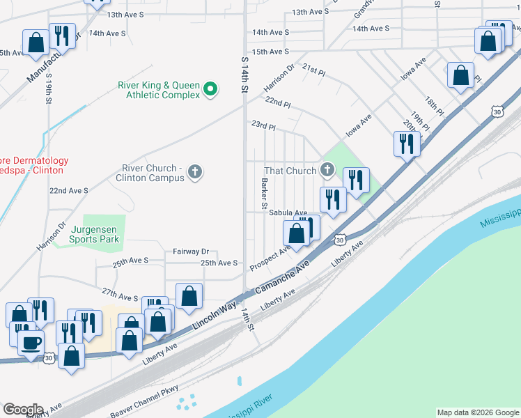 map of restaurants, bars, coffee shops, grocery stores, and more near 2386 Barker Street in Clinton