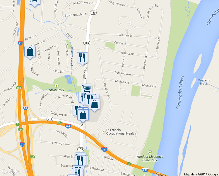 map of restaurants, bars, coffee shops, grocery stores, and more near 204 Deerfield Road in Windsor