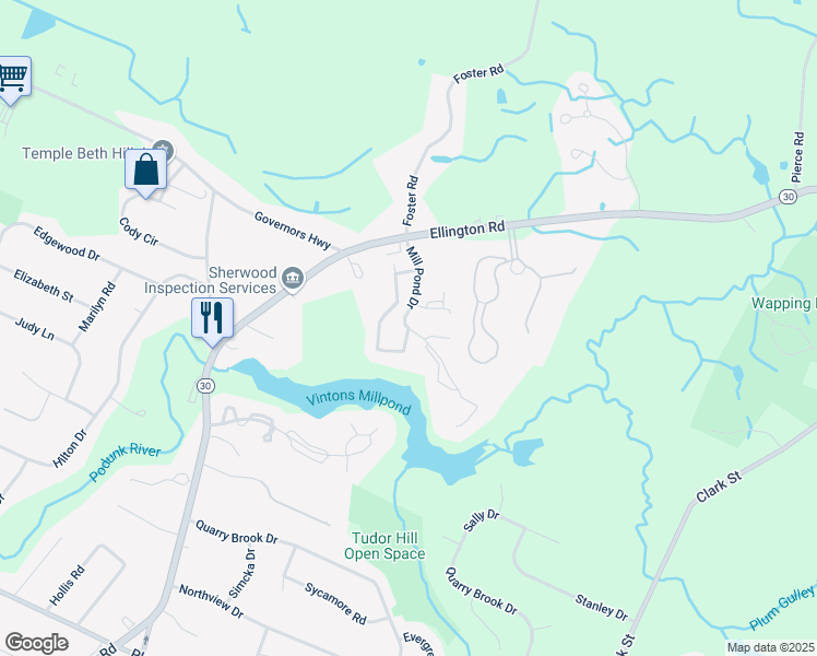 map of restaurants, bars, coffee shops, grocery stores, and more near 99 Mill Pond Drive in South Windsor