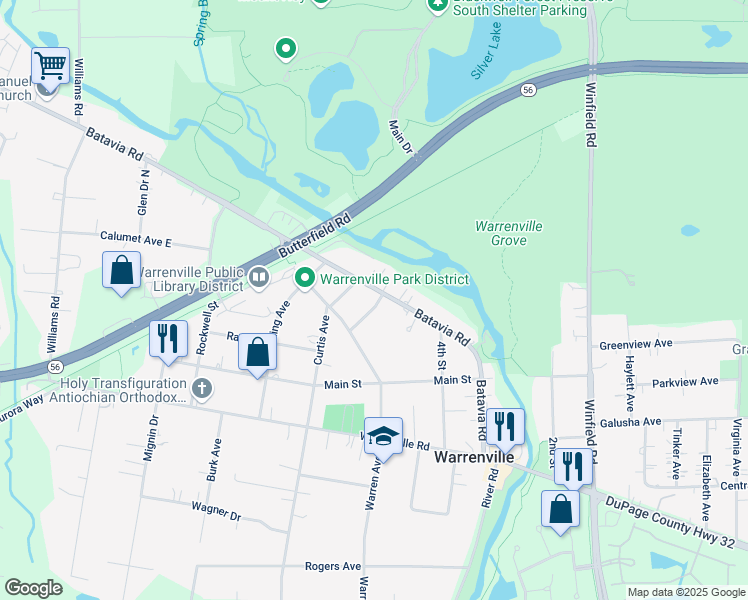 map of restaurants, bars, coffee shops, grocery stores, and more near 28W461 Batavia Road in Warrenville