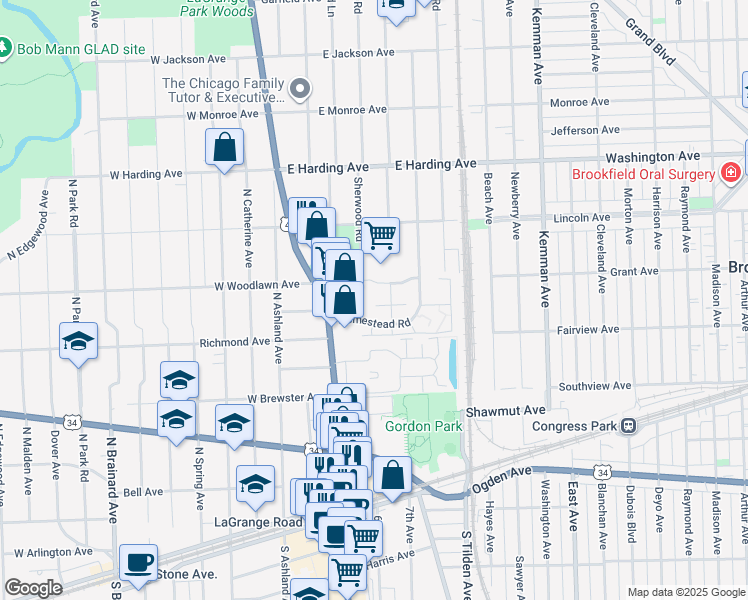map of restaurants, bars, coffee shops, grocery stores, and more near 419 Sherwood Road in La Grange Park