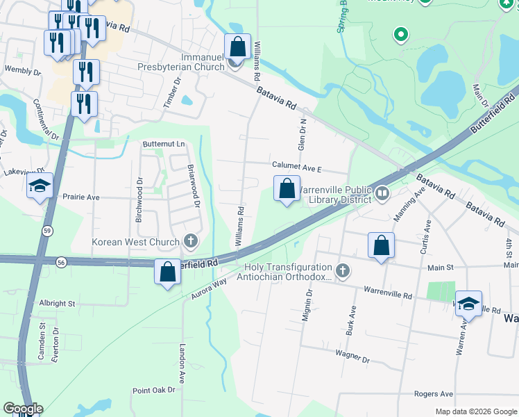 map of restaurants, bars, coffee shops, grocery stores, and more near 29W140 Butterfield Road in Warrenville