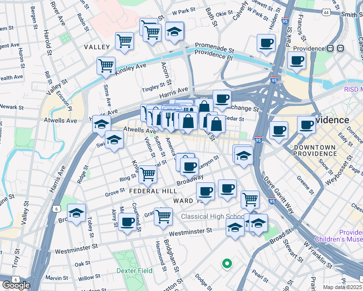 map of restaurants, bars, coffee shops, grocery stores, and more near 10 Africa Street in Providence