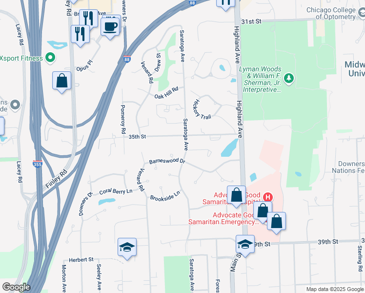map of restaurants, bars, coffee shops, grocery stores, and more near 3524 Saratoga Avenue in Downers Grove