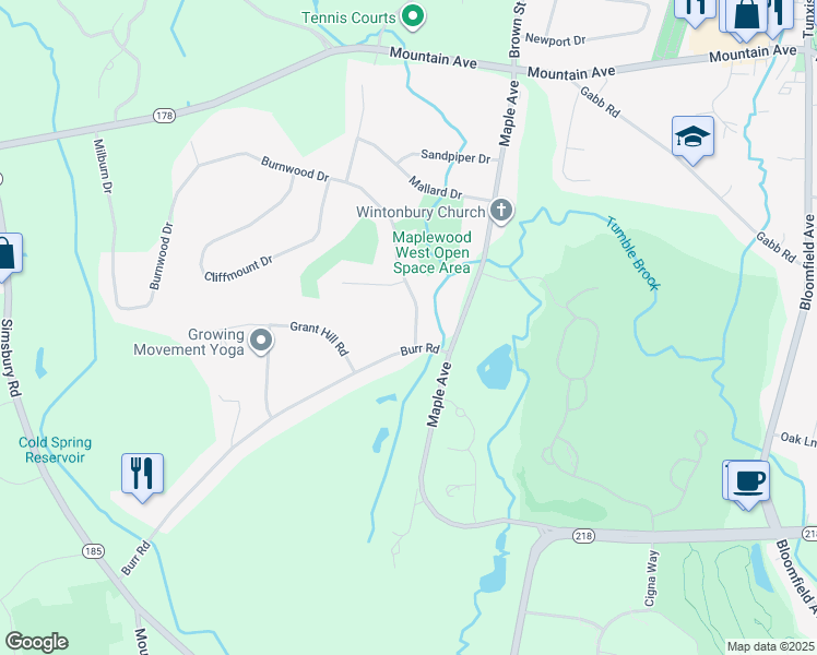 map of restaurants, bars, coffee shops, grocery stores, and more near 74 Burnwood Drive in Bloomfield