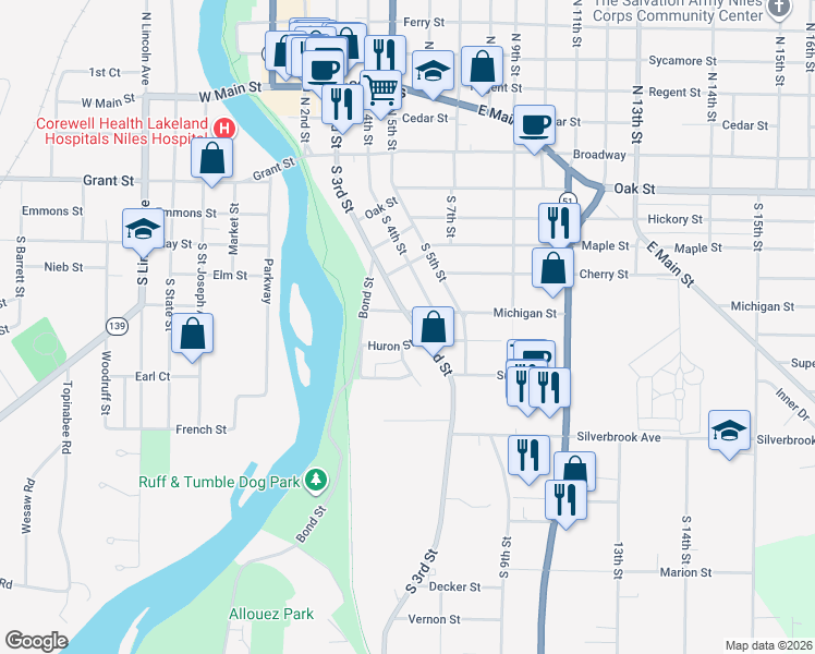 map of restaurants, bars, coffee shops, grocery stores, and more near 511 South 3rd Street in Niles