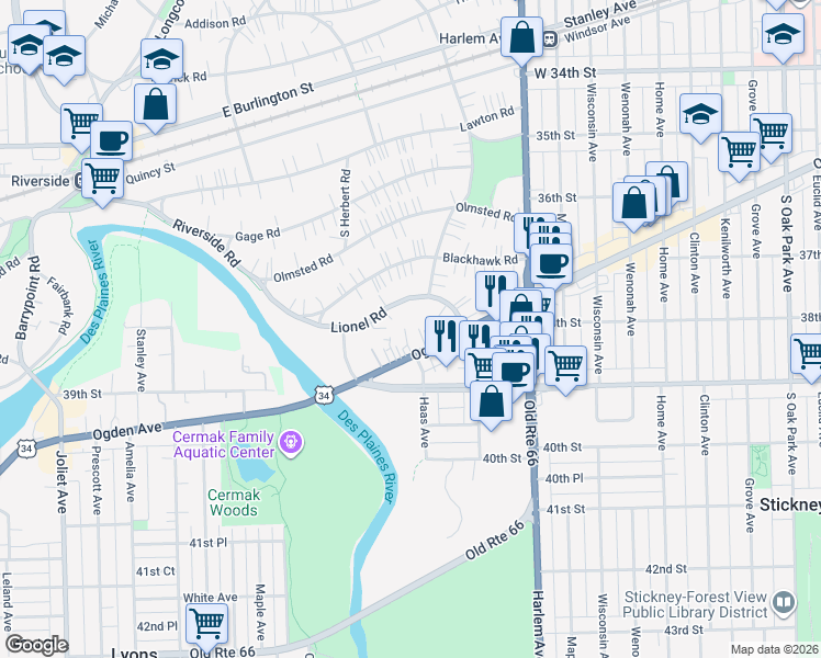 map of restaurants, bars, coffee shops, grocery stores, and more near 3707 Haas Avenue in Riverside