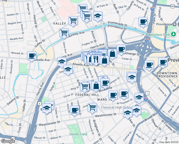 map of restaurants, bars, coffee shops, grocery stores, and more near 71 Sutton Street in Providence