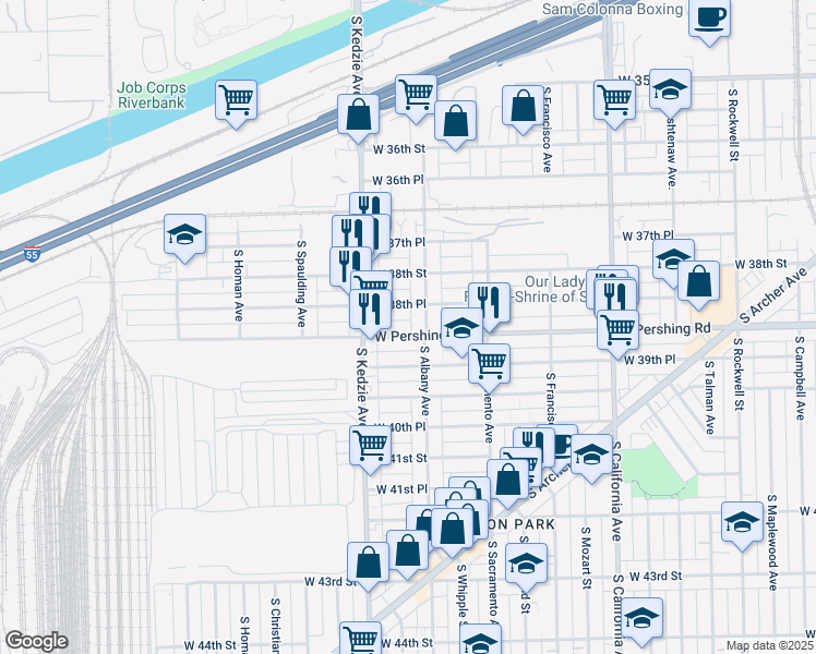 map of restaurants, bars, coffee shops, grocery stores, and more near 3848 South Albany Avenue in Chicago