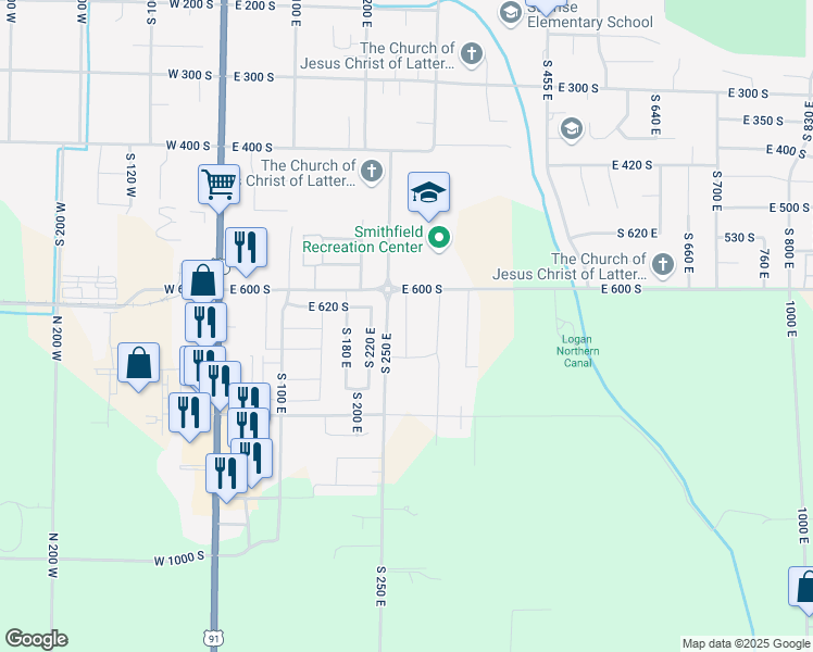 map of restaurants, bars, coffee shops, grocery stores, and more near 280 East in Smithfield