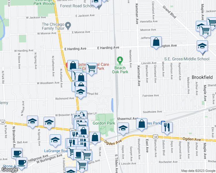 map of restaurants, bars, coffee shops, grocery stores, and more near 451 Homestead Road in La Grange Park