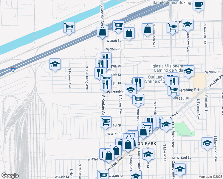 map of restaurants, bars, coffee shops, grocery stores, and more near 3134 West Pershing Road in Chicago