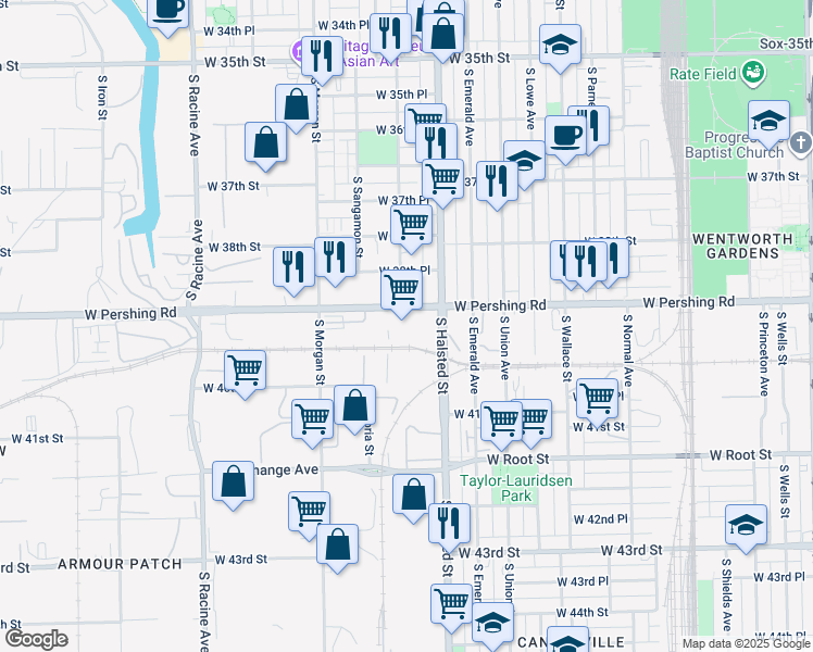 map of restaurants, bars, coffee shops, grocery stores, and more near 827-957 W Pershing Rd in Chicago