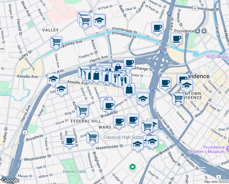 map of restaurants, bars, coffee shops, grocery stores, and more near 13 Messenger Street in Providence