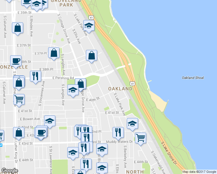 map of restaurants, bars, coffee shops, grocery stores, and more near 3970 South Lake Park Avenue in Chicago