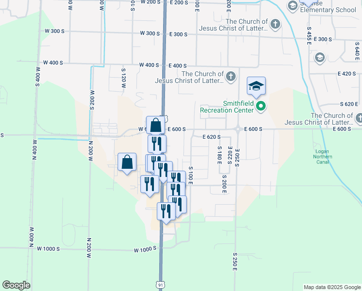 map of restaurants, bars, coffee shops, grocery stores, and more near 105 East 650 South in Smithfield