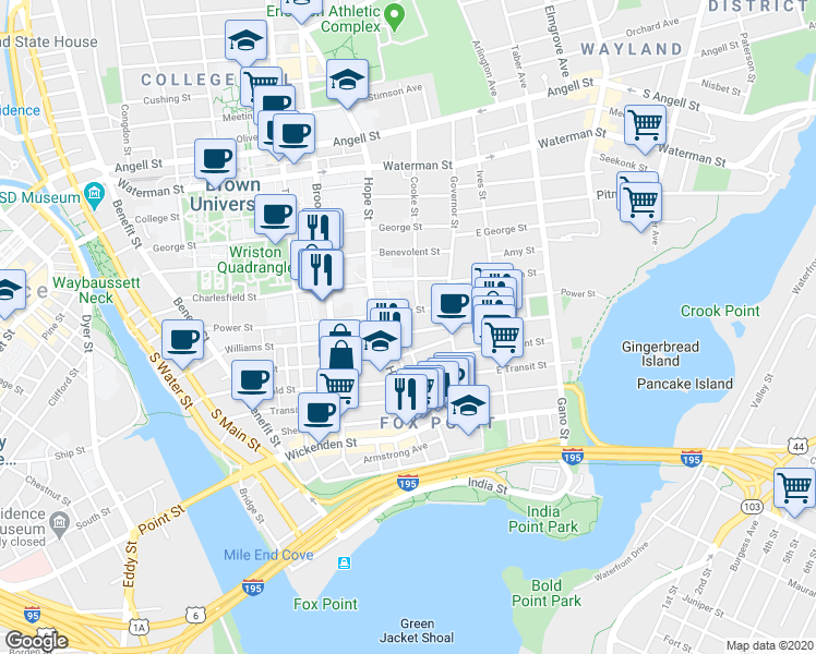 map of restaurants, bars, coffee shops, grocery stores, and more near 224 Williams Street in Providence