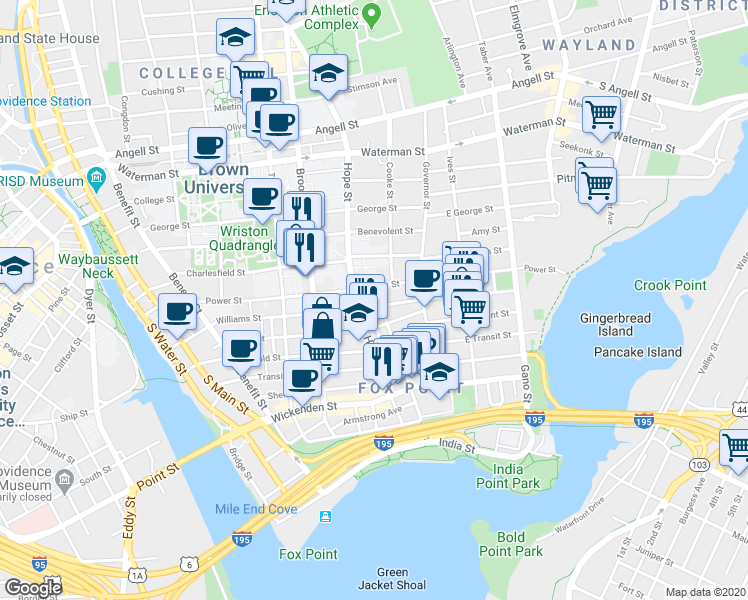 map of restaurants, bars, coffee shops, grocery stores, and more near 224 Williams Street in Providence