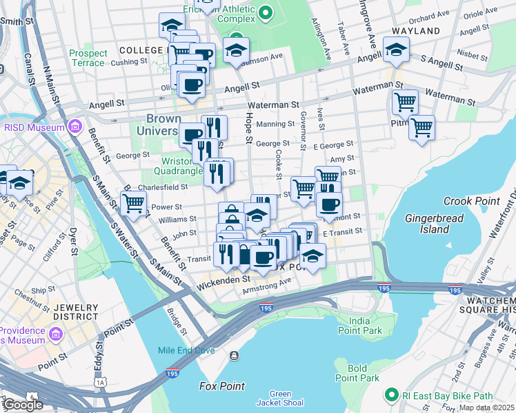 map of restaurants, bars, coffee shops, grocery stores, and more near 122 Hope Street in Providence