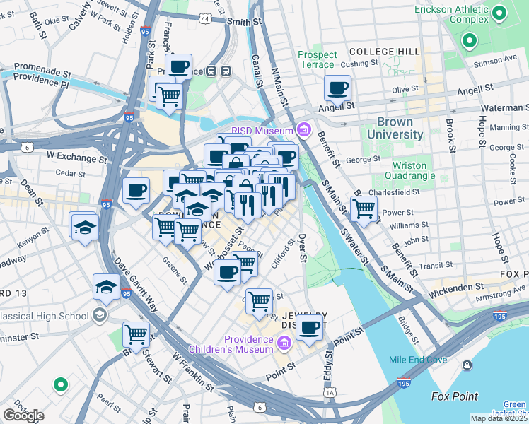 map of restaurants, bars, coffee shops, grocery stores, and more near 61 Orange Street in Providence
