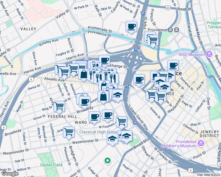 map of restaurants, bars, coffee shops, grocery stores, and more near 23 Newton Street in Providence
