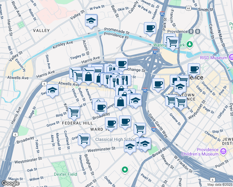 map of restaurants, bars, coffee shops, grocery stores, and more near in Providence