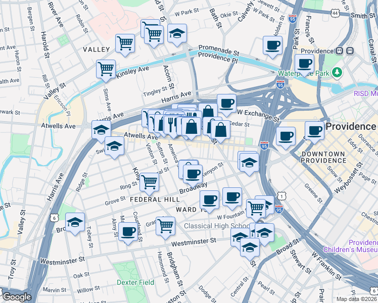 map of restaurants, bars, coffee shops, grocery stores, and more near 11 Africa Street in Providence